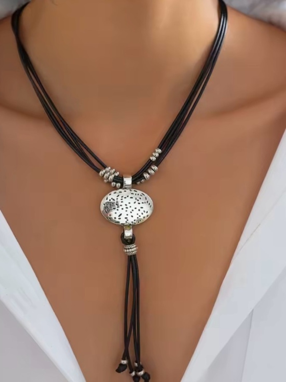New Silver and Black Leather Necklace